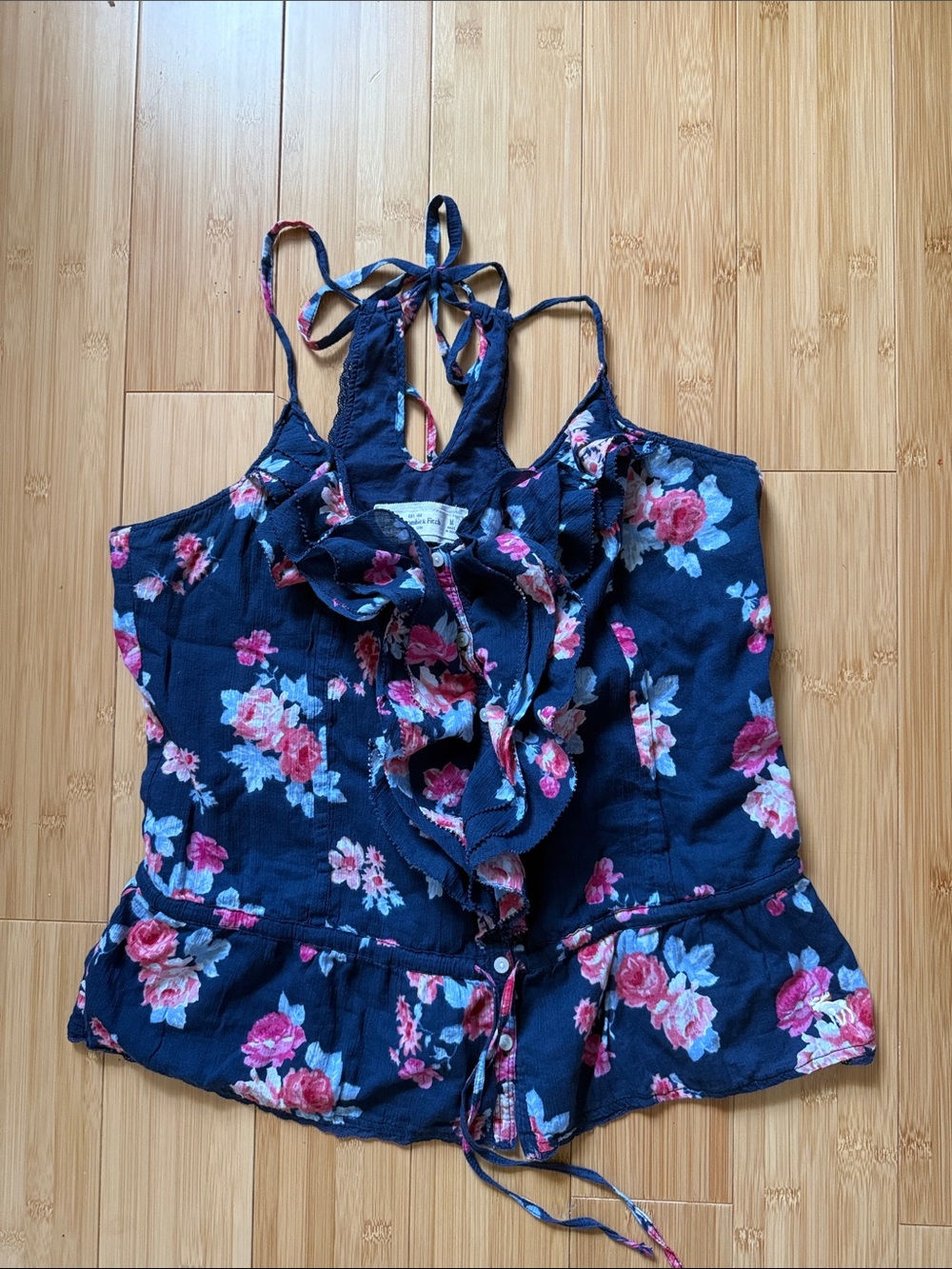 Abercrombie & Fitch Navy Floral Ruffle Halter Tank
